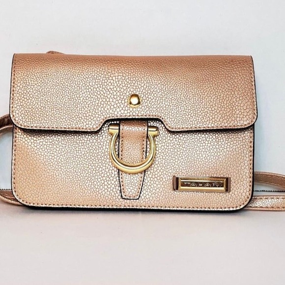 Tahari Rose Gold Mini Glamper Cross Body Bag Faux Pebble Leather - Picture 2 of 12